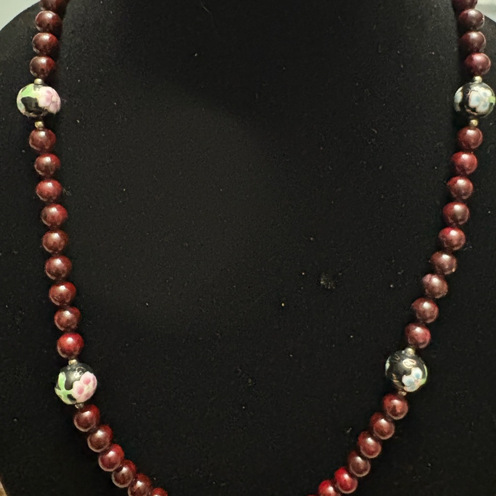 Carnelian and Cloisonne Beaded Necklace with Floral Accents
